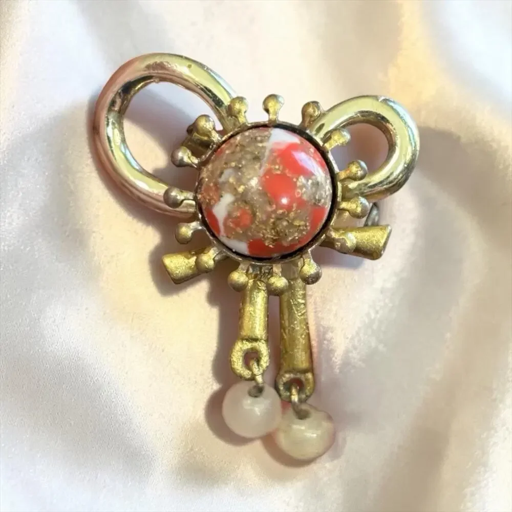 50s Atomic Bow Brooch Confetti Art Glass Faux Pearl Dangle Mid Century